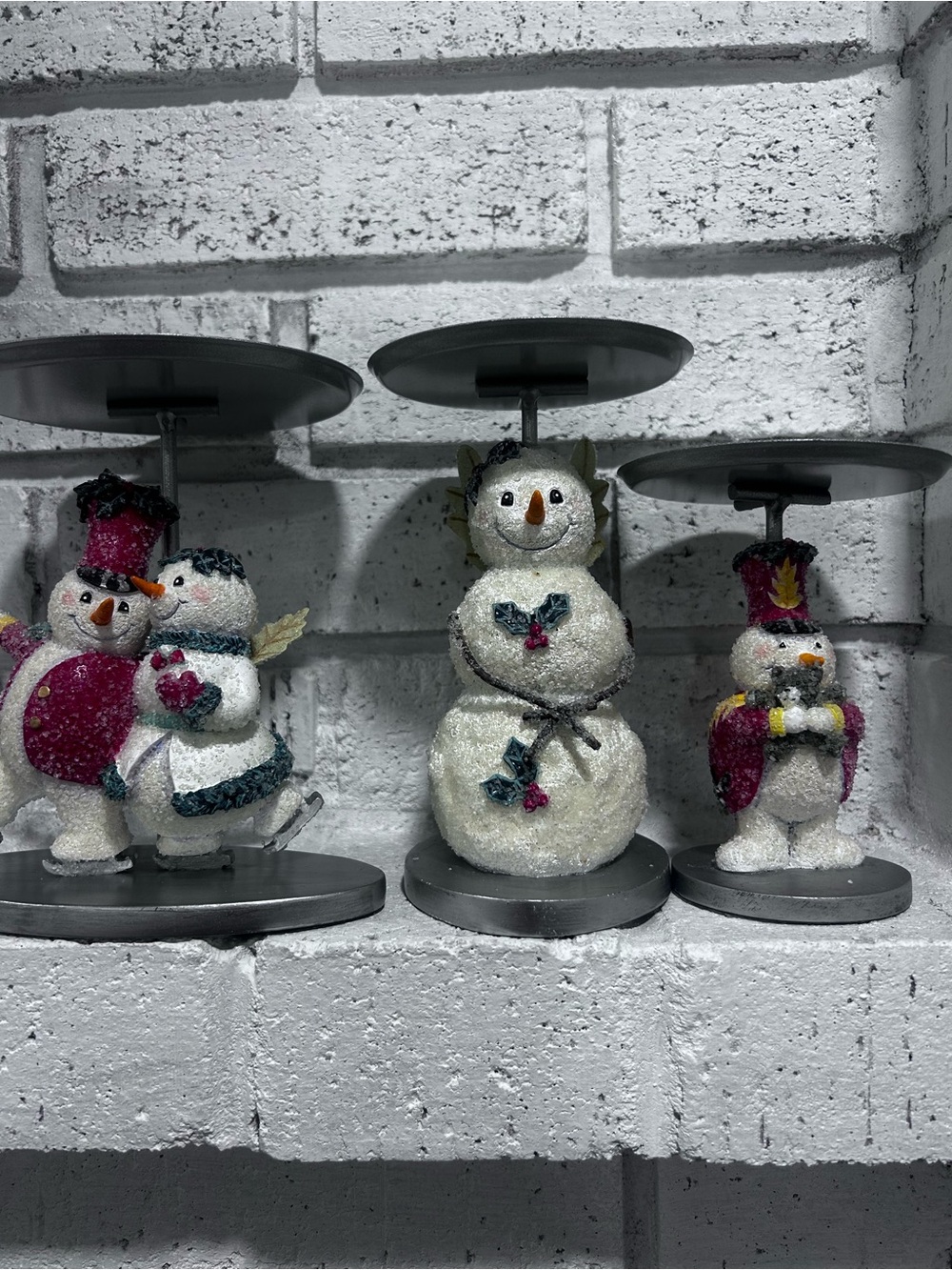 Set of 3 Glitter Snowman Christmas Pillar Candle Holders Holiday Decor